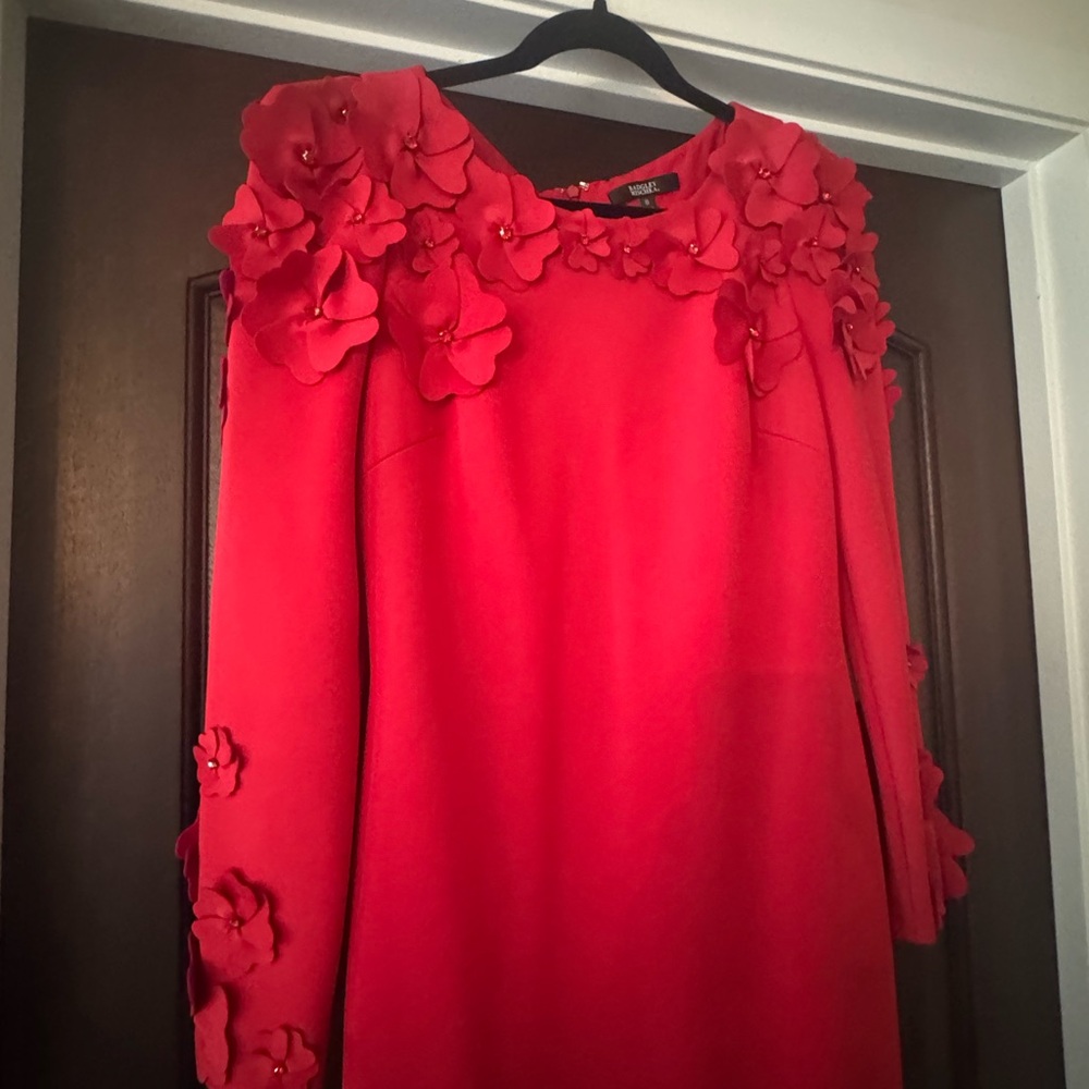 Badgley Mischka Red Embellished Sheath Dress with Bishop Sleeves